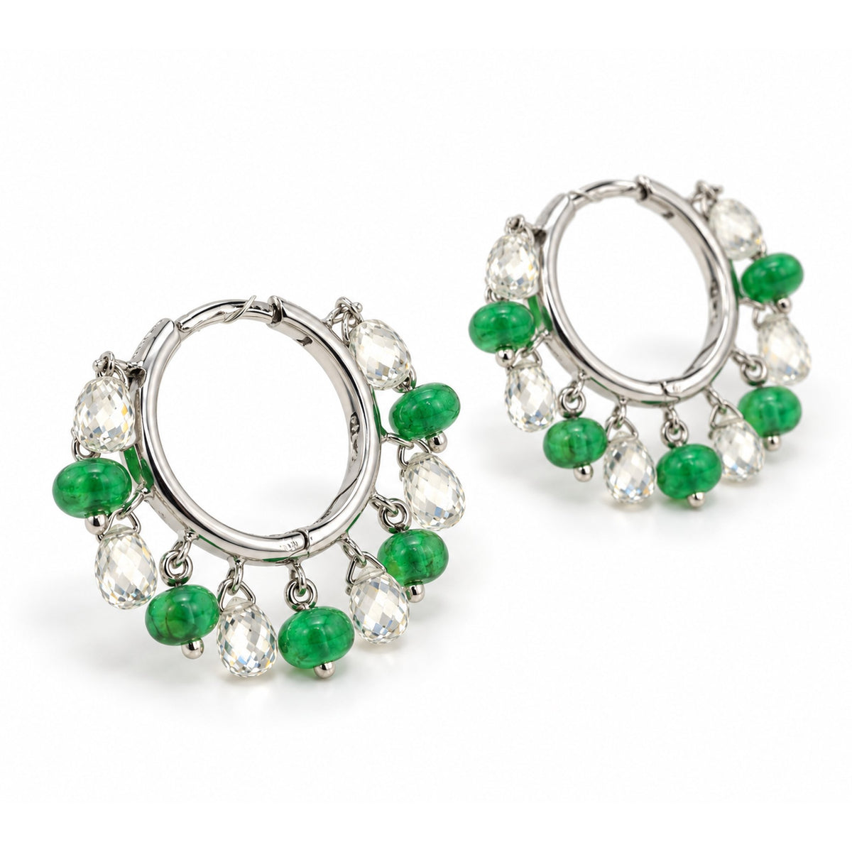 Diamond Briolette & Emerald Bead Hoop Earrings in 18K White Gold, 2.52 ctw, side view