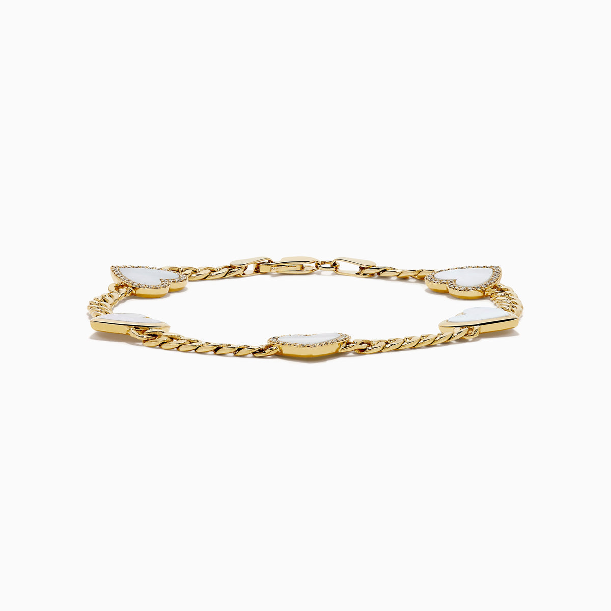 Mother of Pearl and Diamond Heart Chain-link Station Bracelet in 14K Yellow Gold view 3