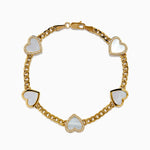 Mother of Pearl and Diamond Heart Chain-link Station Bracelet in 14K Yellow Gold