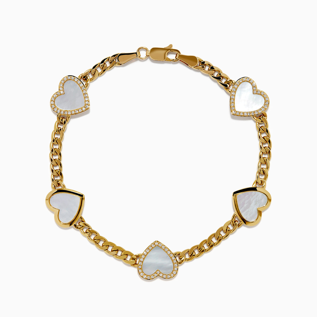 Mother of Pearl and Diamond Heart Chain-link Station Bracelet in 14K Yellow Gold