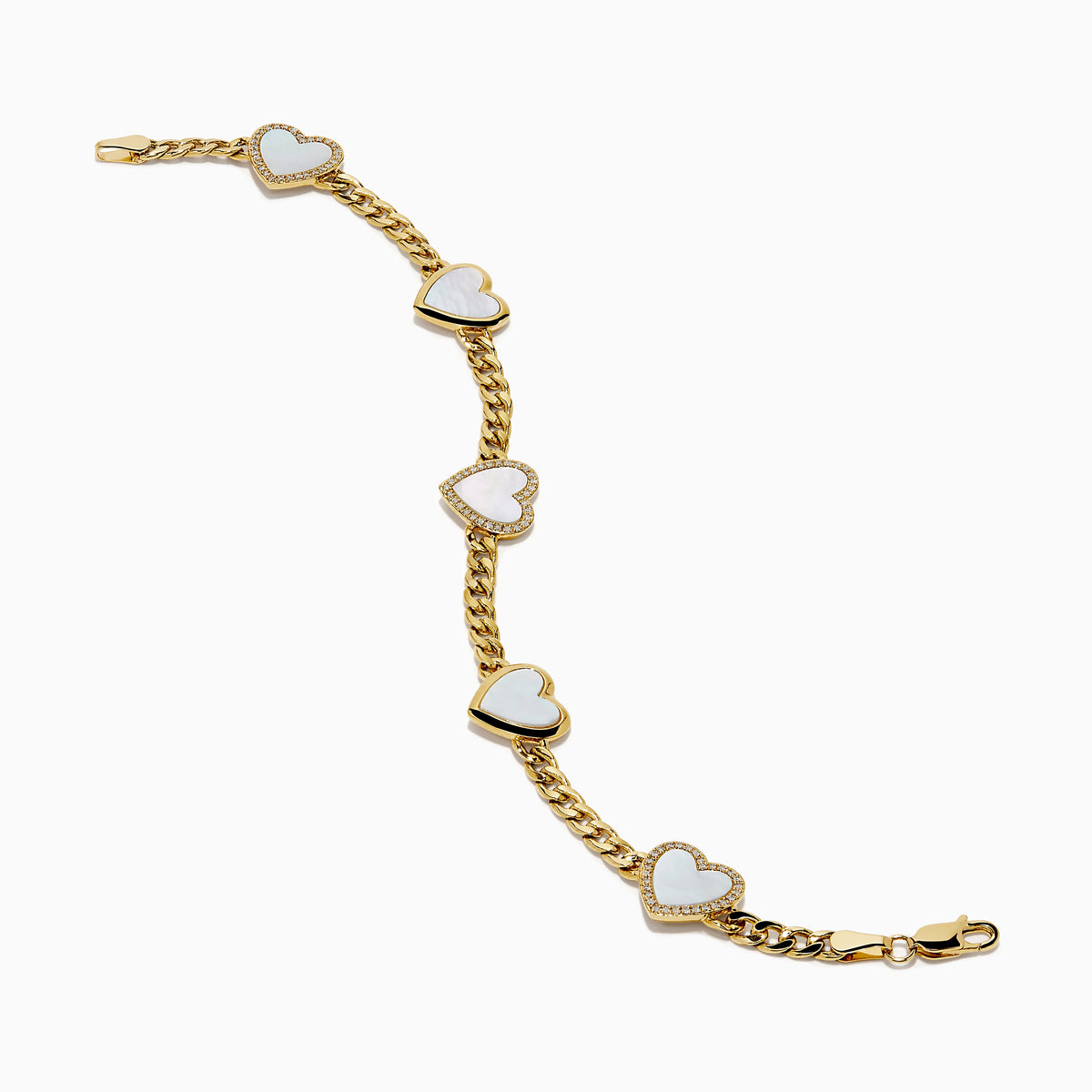 Mother of Pearl and Diamond Heart Chain-link Station Bracelet in 14K Yellow Gold view 2