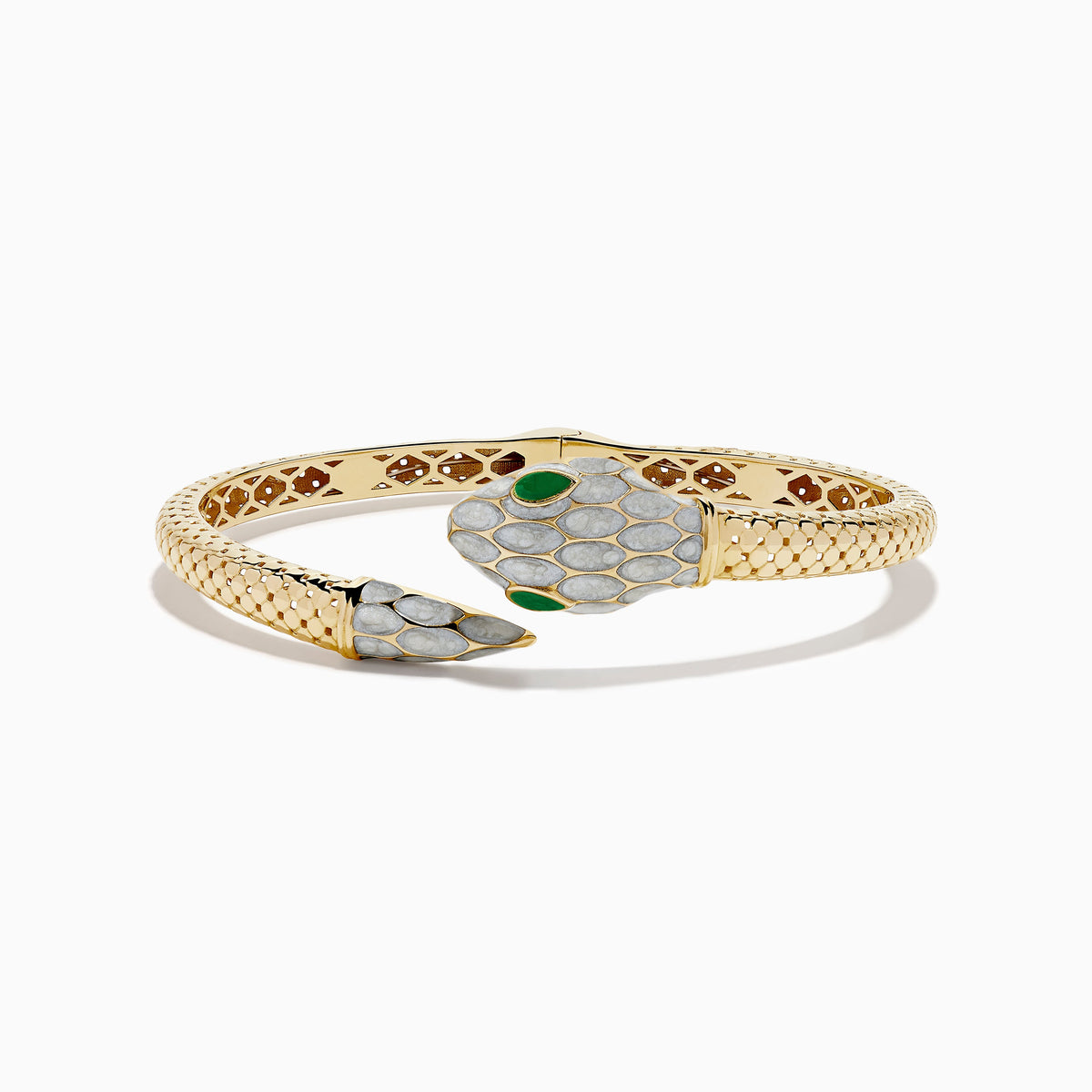 White and Green Enamel Snake Bypass Bangle in 14K Yellow Gold