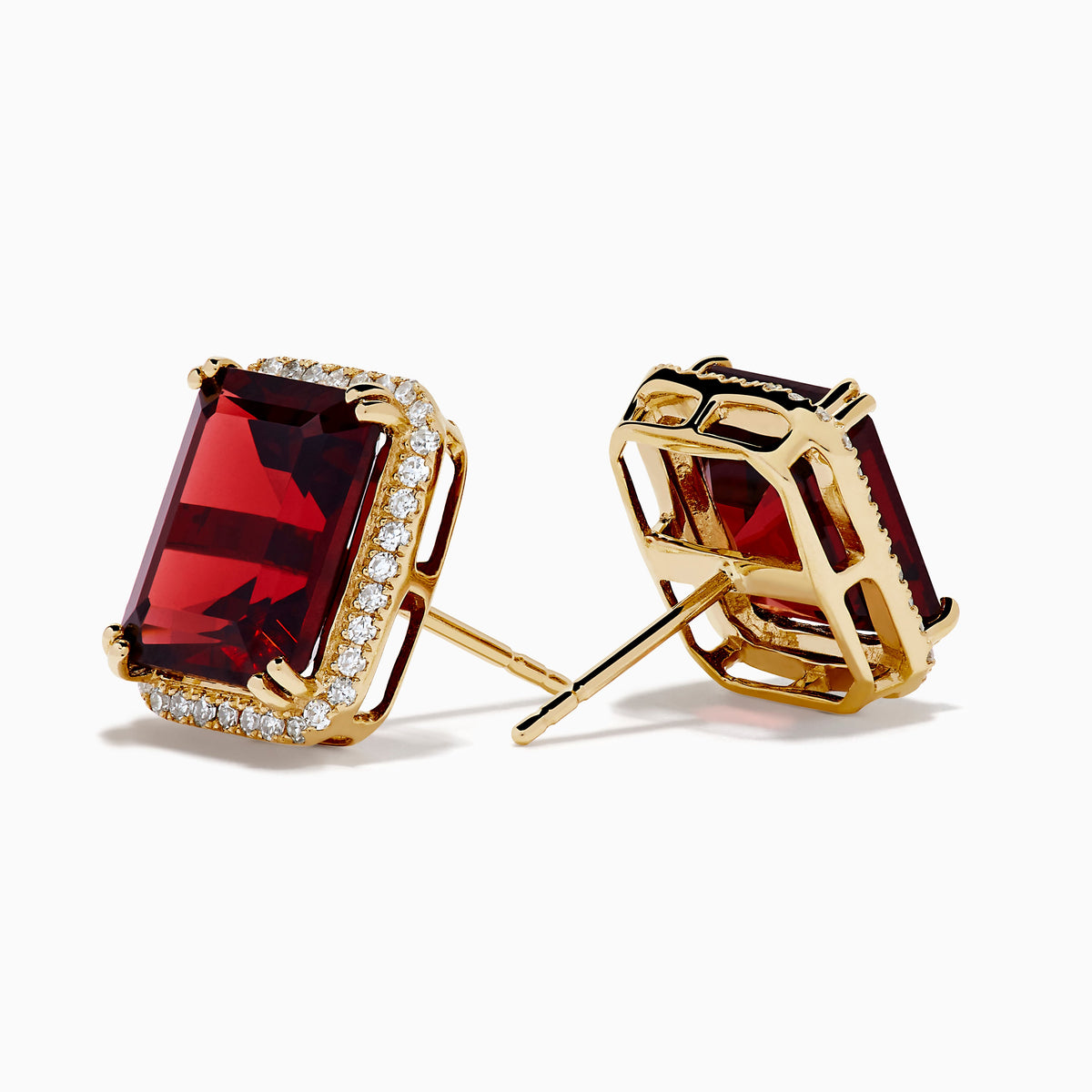 Garnet and Diamond Emerald-Cut Halo Stud Earrings in 14K Yellow Gold view 2