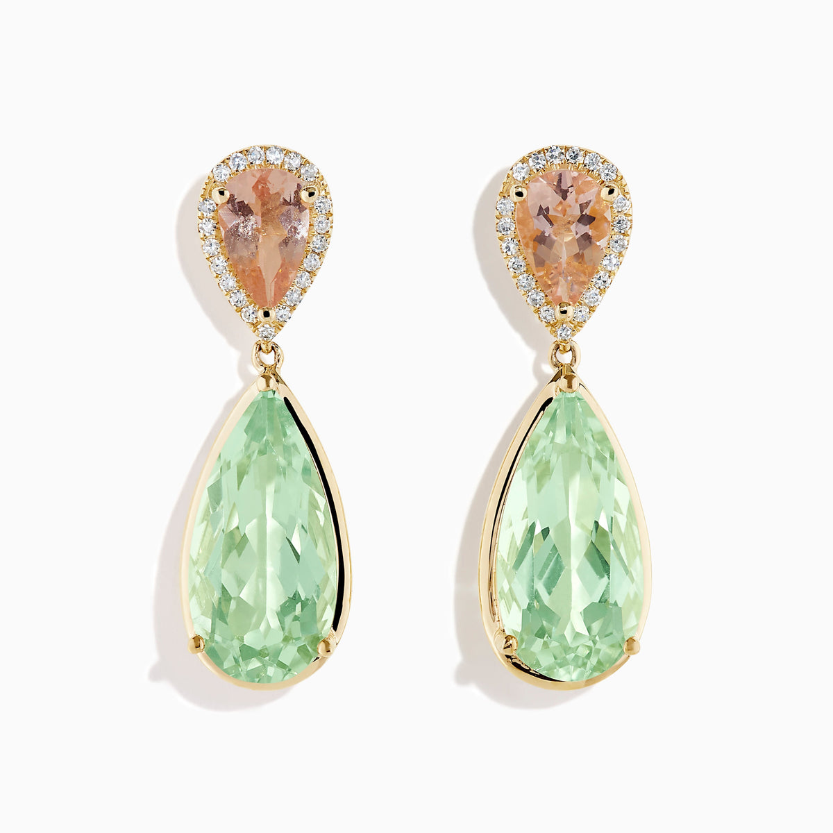 Green Amethyst, Morganite and Diamond Drop Earrings in 14K Yellow Gold