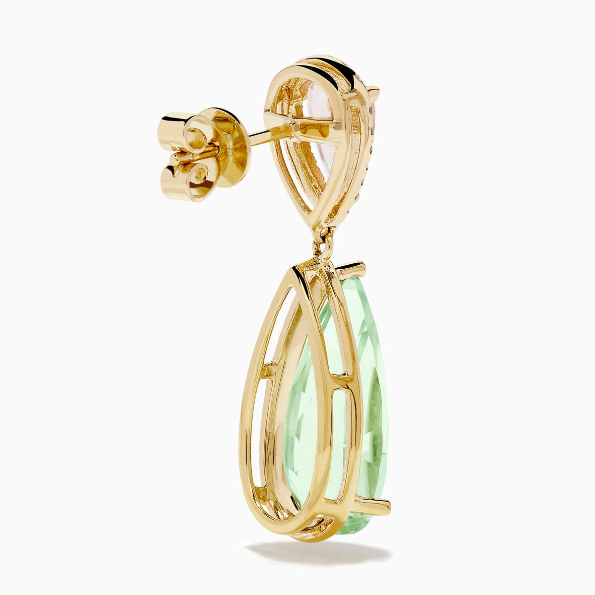 Green Amethyst, Morganite and Diamond Drop Earrings in 14K Yellow Gold view 4
