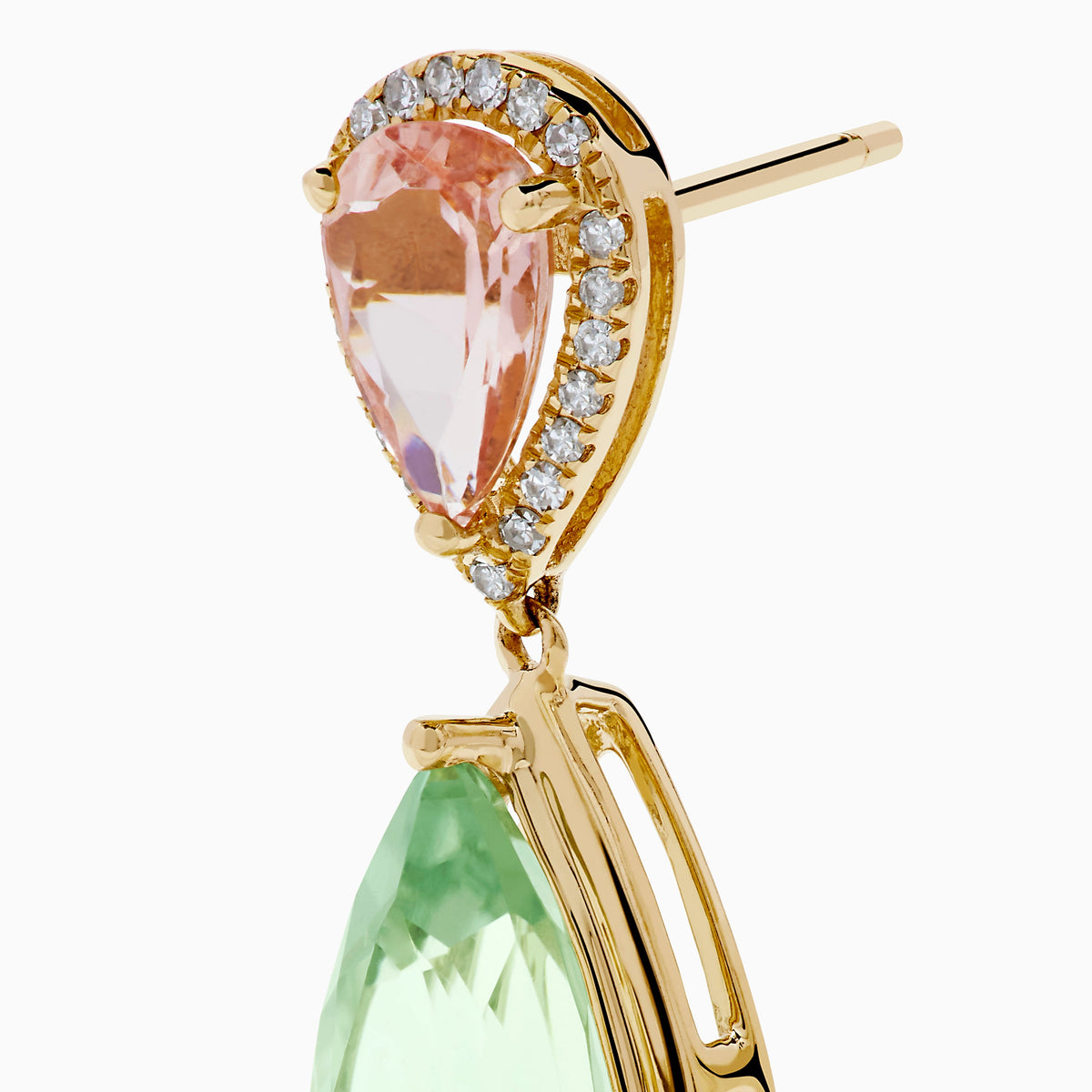 Green Amethyst, Morganite and Diamond Drop Earrings in 14K Yellow Gold view 2
