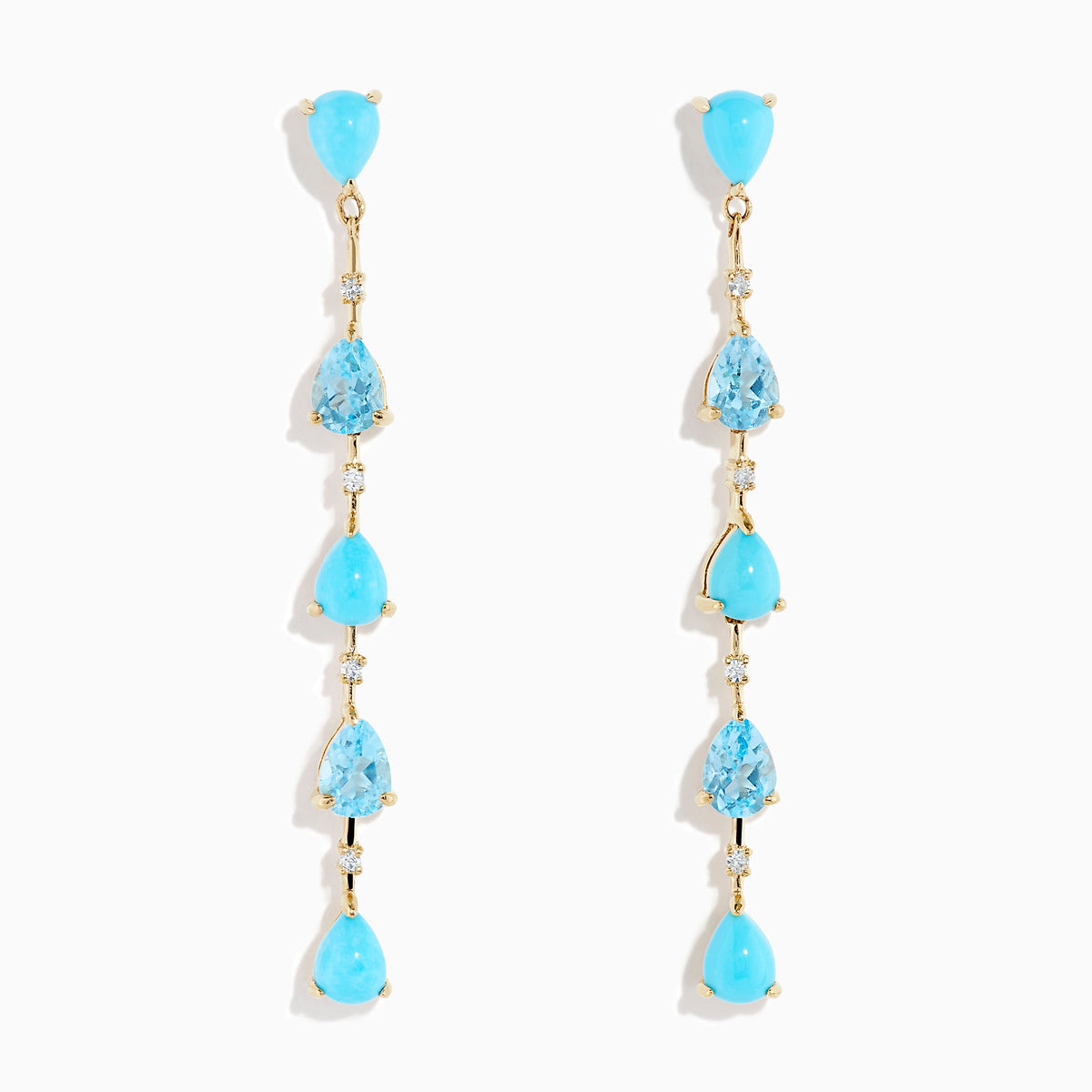 Turquoise, Blue Topaz and Diamond Linear Drop Earrings in 14K Yellow Gold