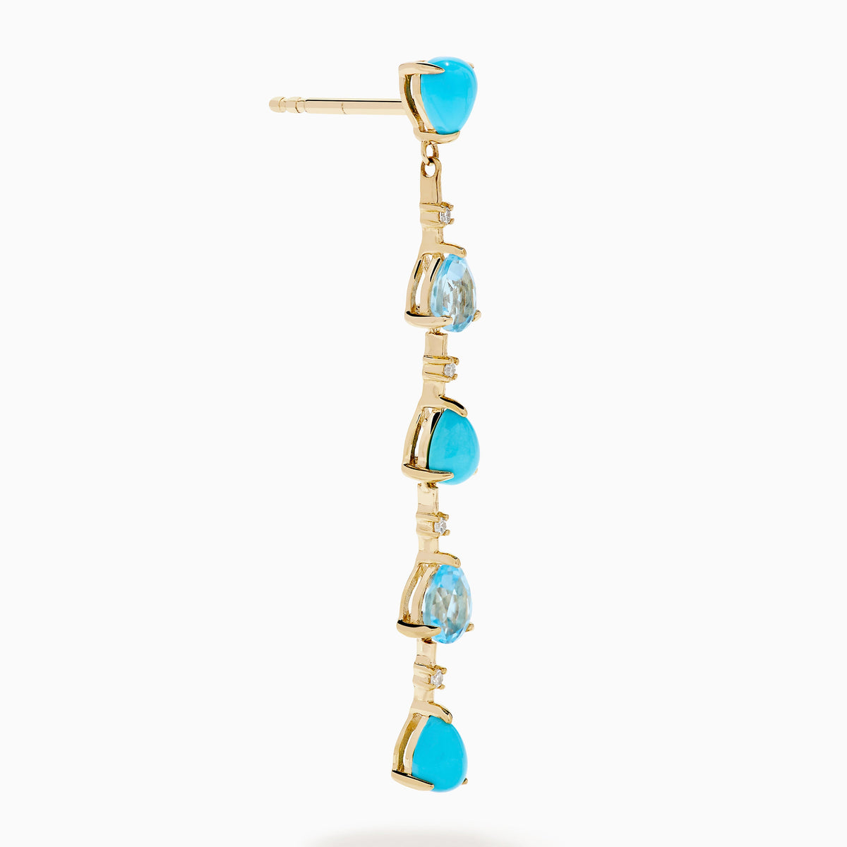 Turquoise, Blue Topaz and Diamond Linear Drop Earrings in 14K Yellow Gold view 3