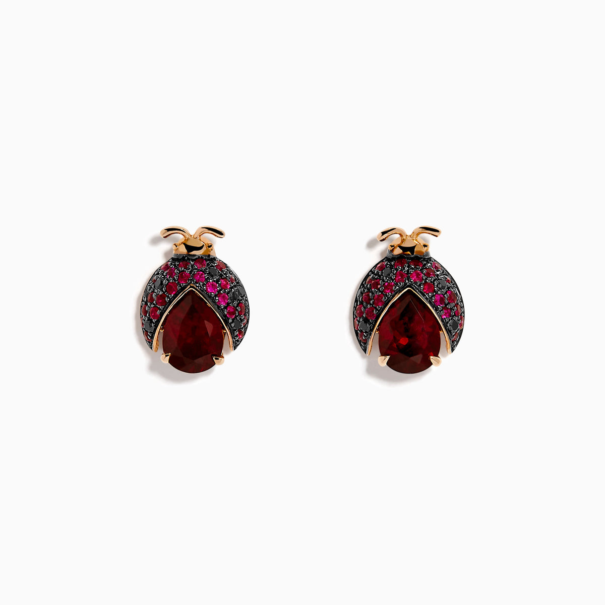 Rhodolite, Ruby and Black Diamond Ladybug Earrings in 14K Rose Gold