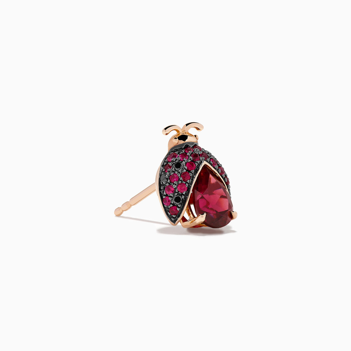 Rhodolite, Ruby and Black Diamond Ladybug Earrings in 14K Rose Gold view 3