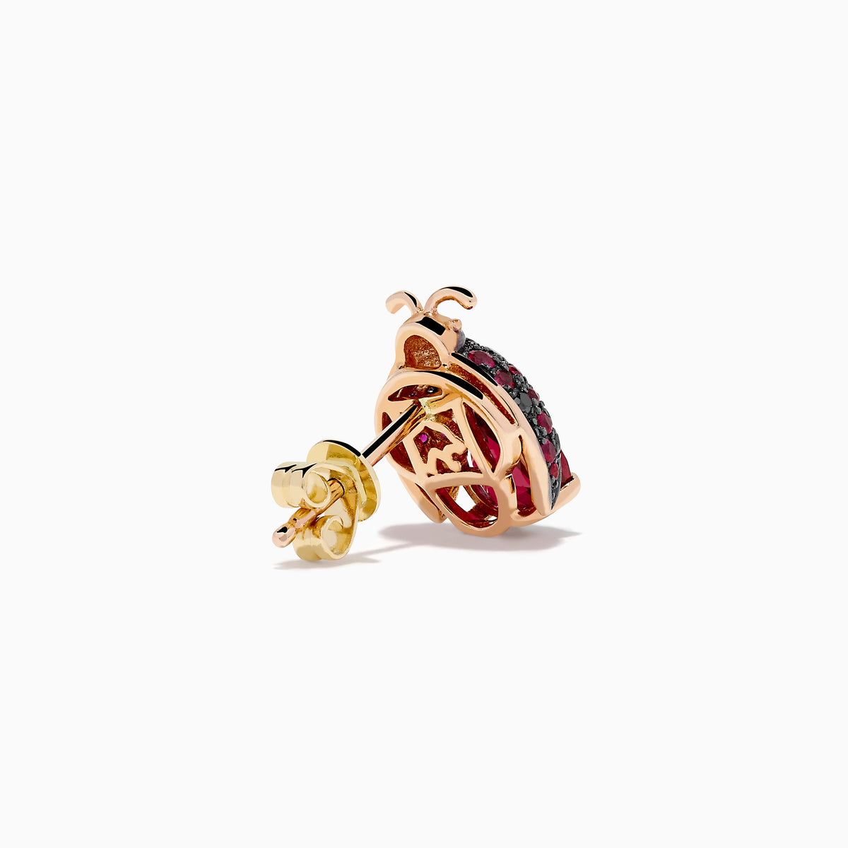 Rhodolite, Ruby and Black Diamond Ladybug Earrings in 14K Rose Gold view 4
