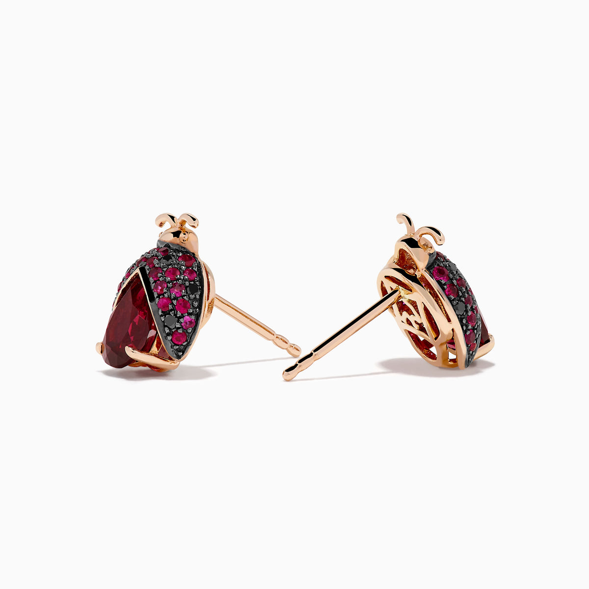 Rhodolite, Ruby and Black Diamond Ladybug Earrings in 14K Rose Gold view 2