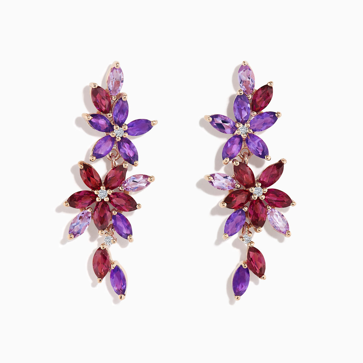 Amethyst, Rhodolite and Diamond Floral Cascade Drop Earrings in 14K Rose Gold