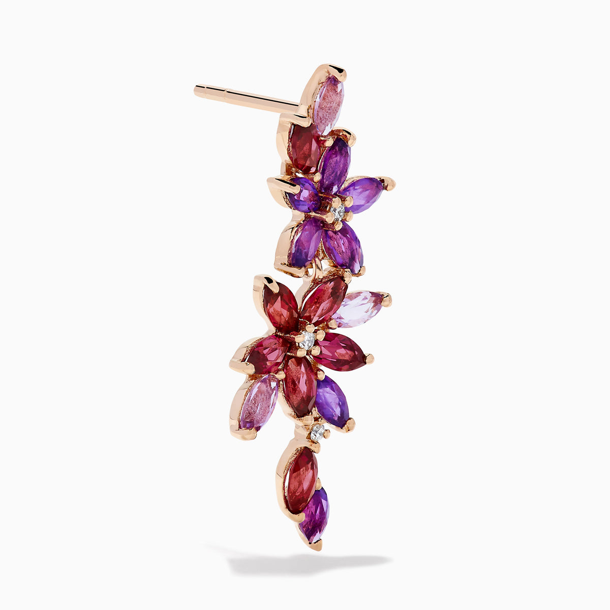 Amethyst, Rhodolite and Diamond Floral Cascade Drop Earrings in 14K Rose Gold view 3