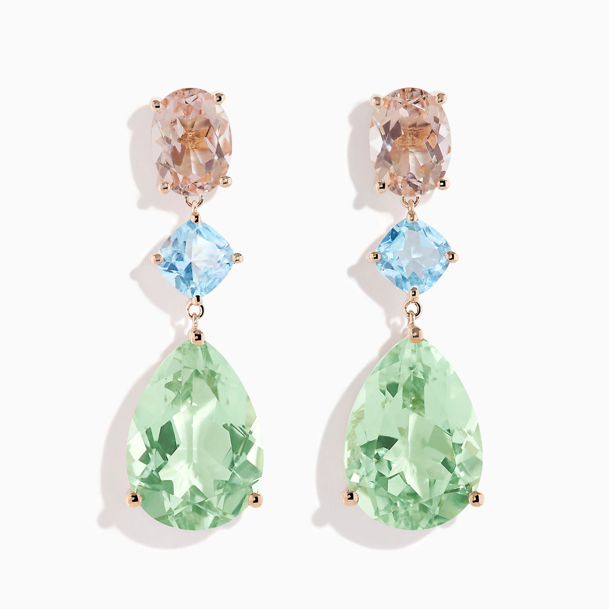 Green Amethyst, Blue Topaz and Morganite Drop Earrings in 14K Rose Gold