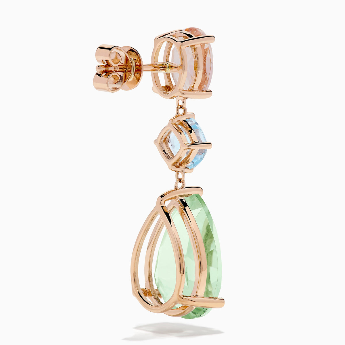 Green Amethyst, Blue Topaz and Morganite Drop Earrings in 14K Rose Gold view 4
