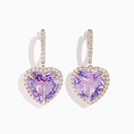 Pink Amethyst and Diamond Heart Halo Drop Earrings in 14K Rose Gold