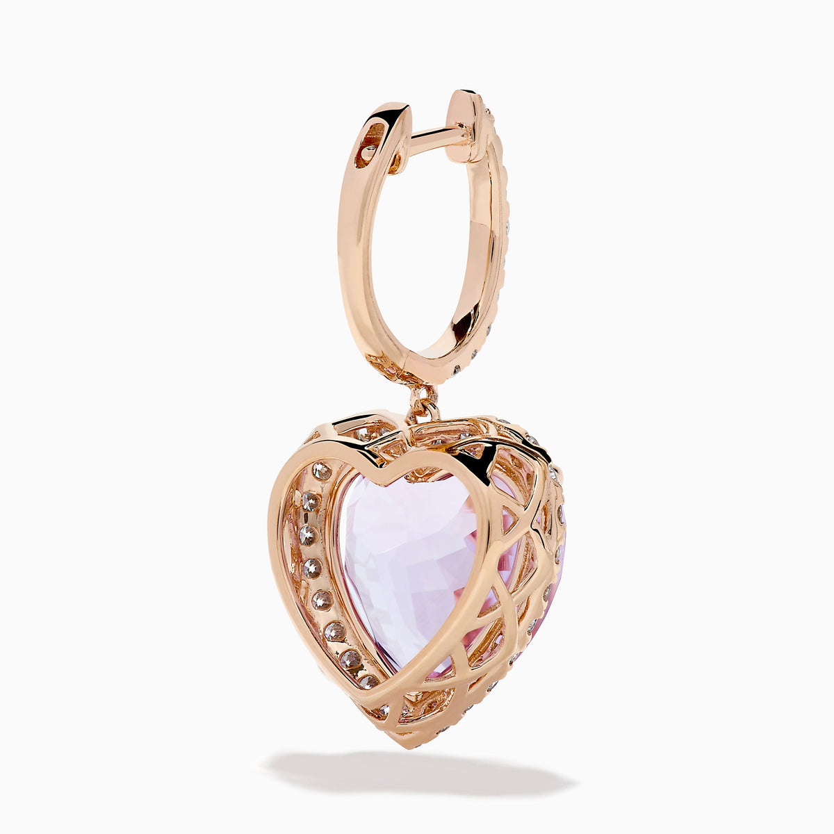 Pink Amethyst and Diamond Heart Halo Drop Earrings in 14K Rose Gold view 4