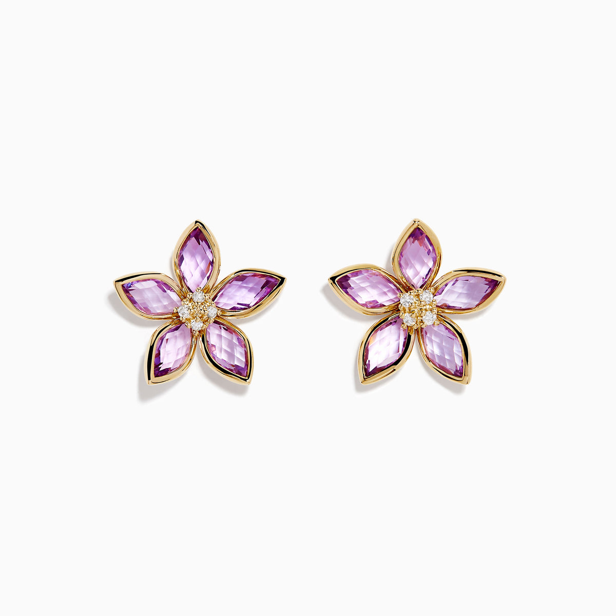 Pink Amethyst and Diamond Flower Stud Earrings in 14K Yellow Gold