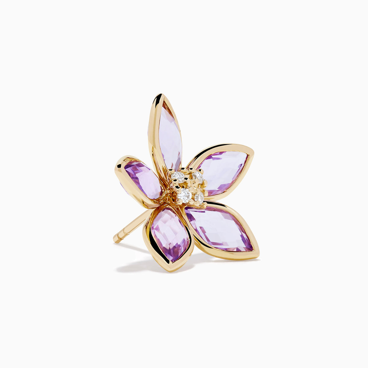 Pink Amethyst and Diamond Flower Stud Earrings in 14K Yellow Gold view 3