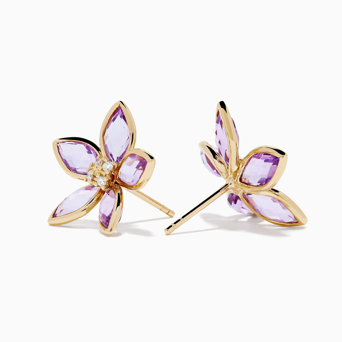 Pink Amethyst and Diamond Flower Stud Earrings in 14K Yellow Gold view 2