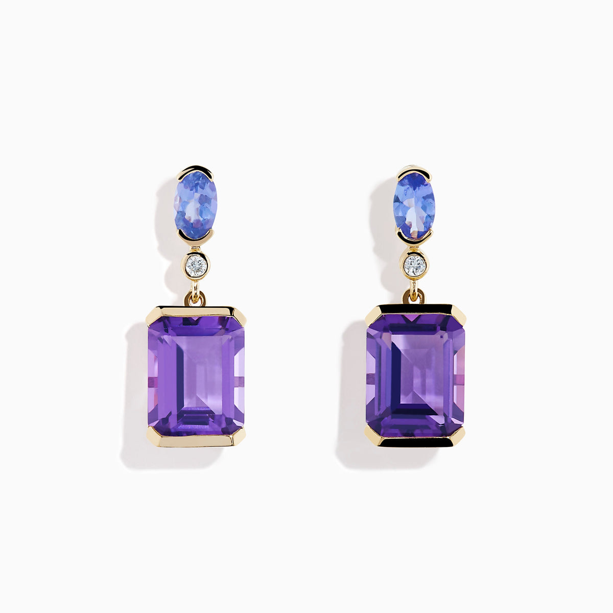 Amethyst, Tanzanite and Diamond Drop Earrings in 14K Yellow Gold