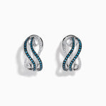 Blue and White Diamond Crossover Wave Earrings in 14K White Gold