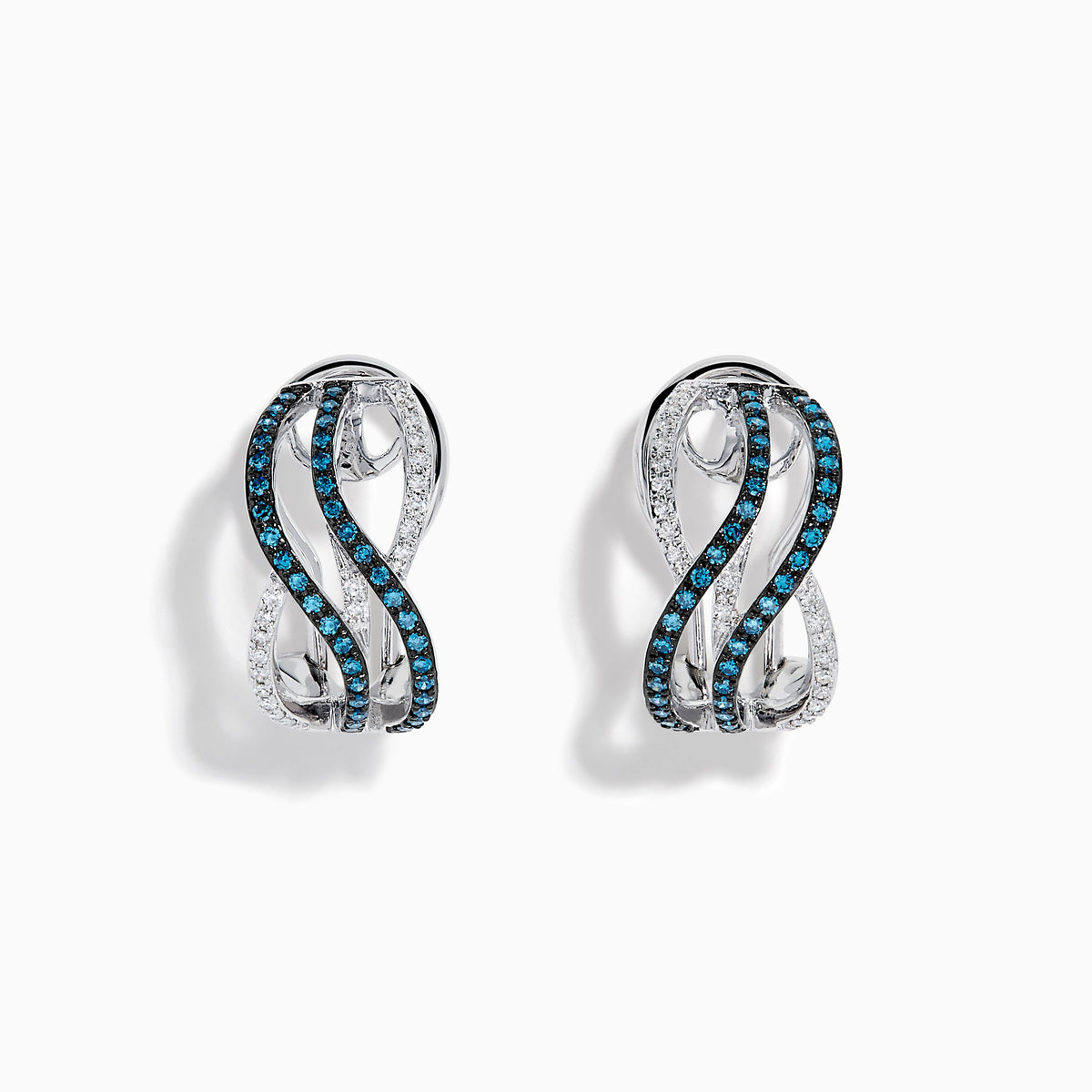Blue and White Diamond Crossover Wave Earrings in 14K White Gold