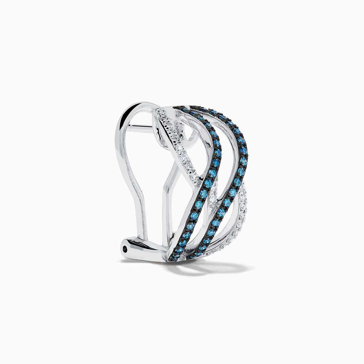 Blue and White Diamond Crossover Wave Earrings in 14K White Gold view 3