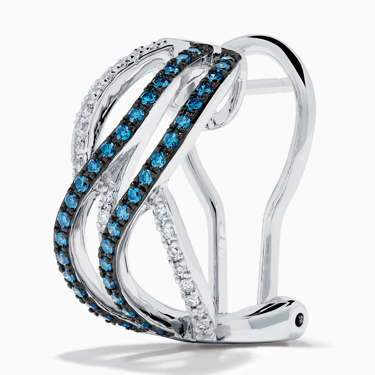 Blue and White Diamond Crossover Wave Earrings in 14K White Gold view 2