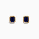 Blue Sapphire and Diamond Emerald-Cut Halo Stud Earrings in 14K Yellow Gold