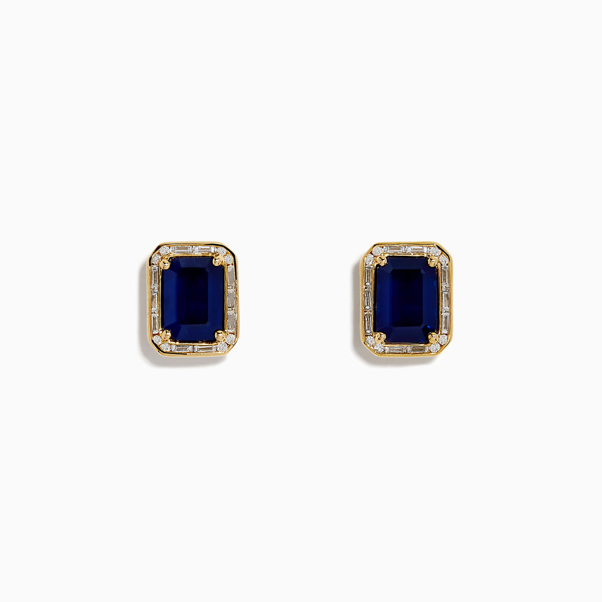 Blue Sapphire and Diamond Emerald-Cut Halo Stud Earrings in 14K Yellow Gold