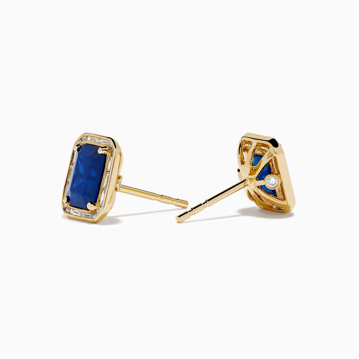 Blue Sapphire and Diamond Emerald-Cut Halo Stud Earrings in 14K Yellow Gold view 2