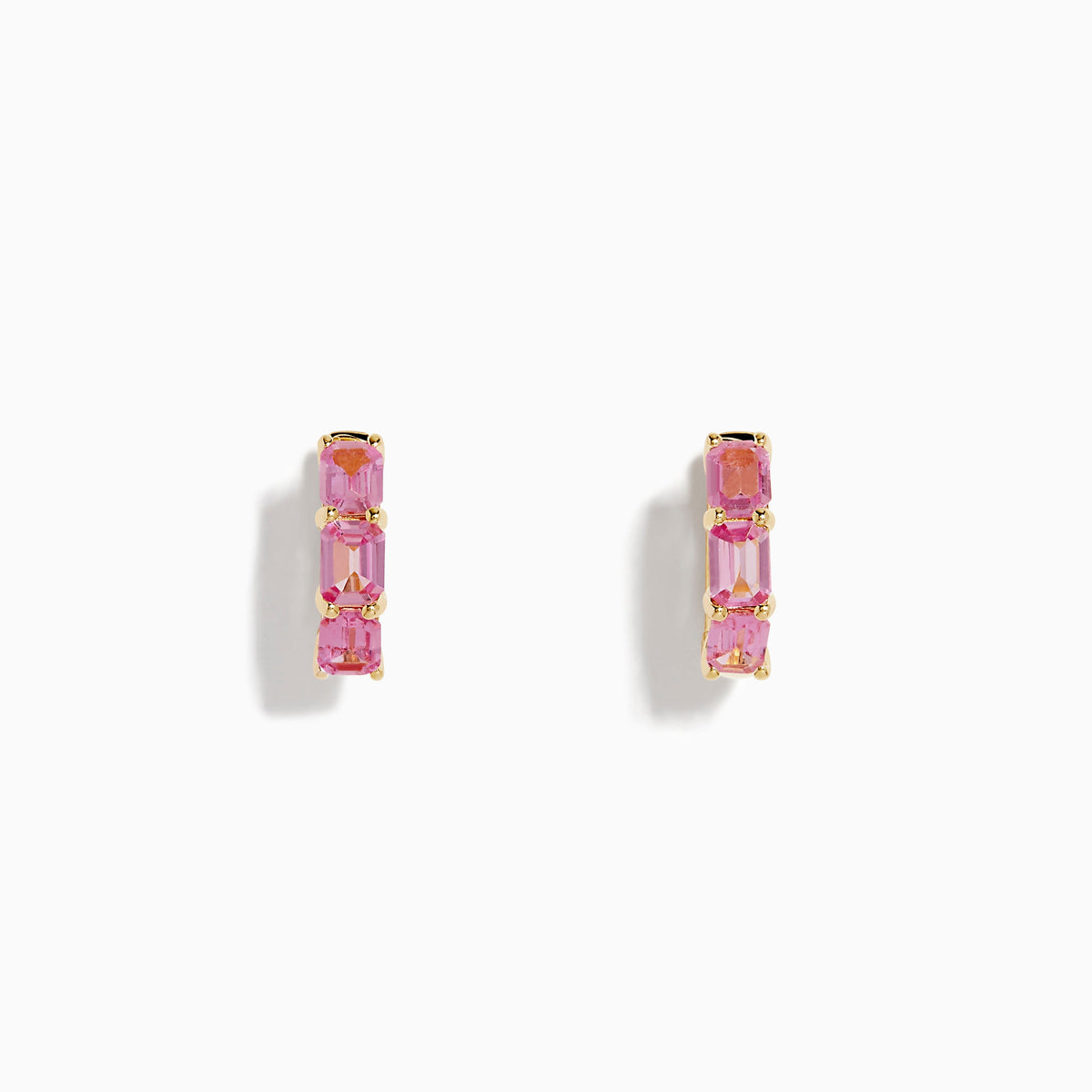 Pink Sapphire Three-Stone Huggie Earrings in 14K Yellow Gold