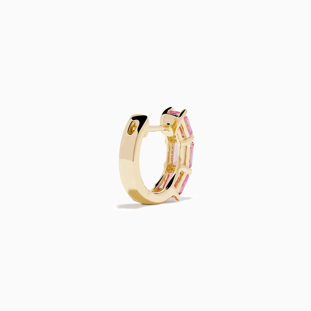 Pink Sapphire Three-Stone Huggie Earrings in 14K Yellow Gold view 4