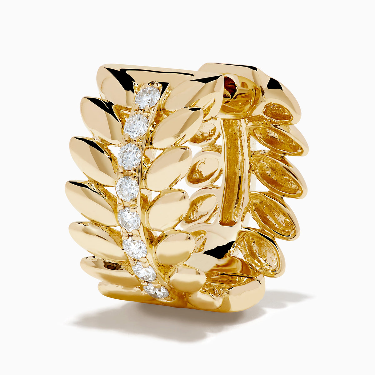 Diamond Laurel Leaf Mini Hoop Earrings in 14K Yellow Gold view 2