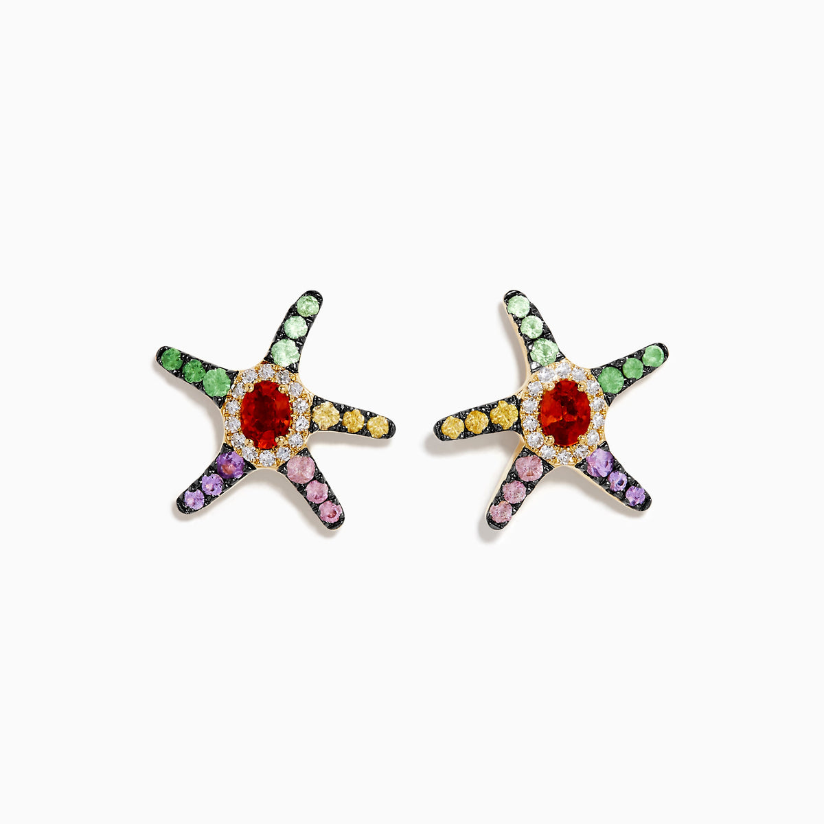 Multi Sapphire and Diamond Starfish Stud Earrings in 14K Yellow Gold