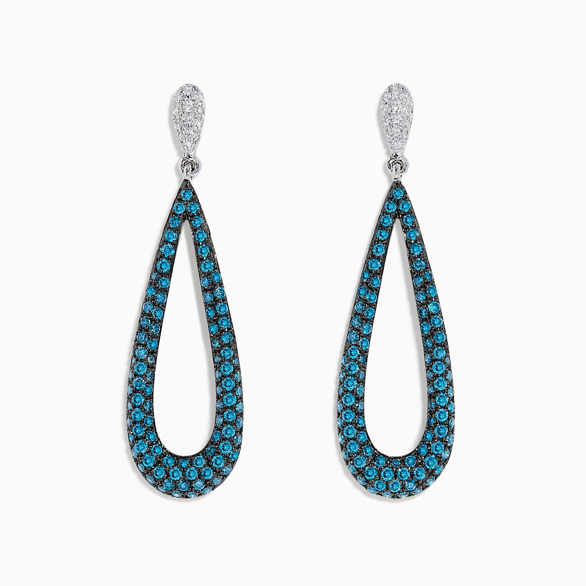 Blue and White Diamond Elongated Teardrop Pavé Earrings in 14K White Gold