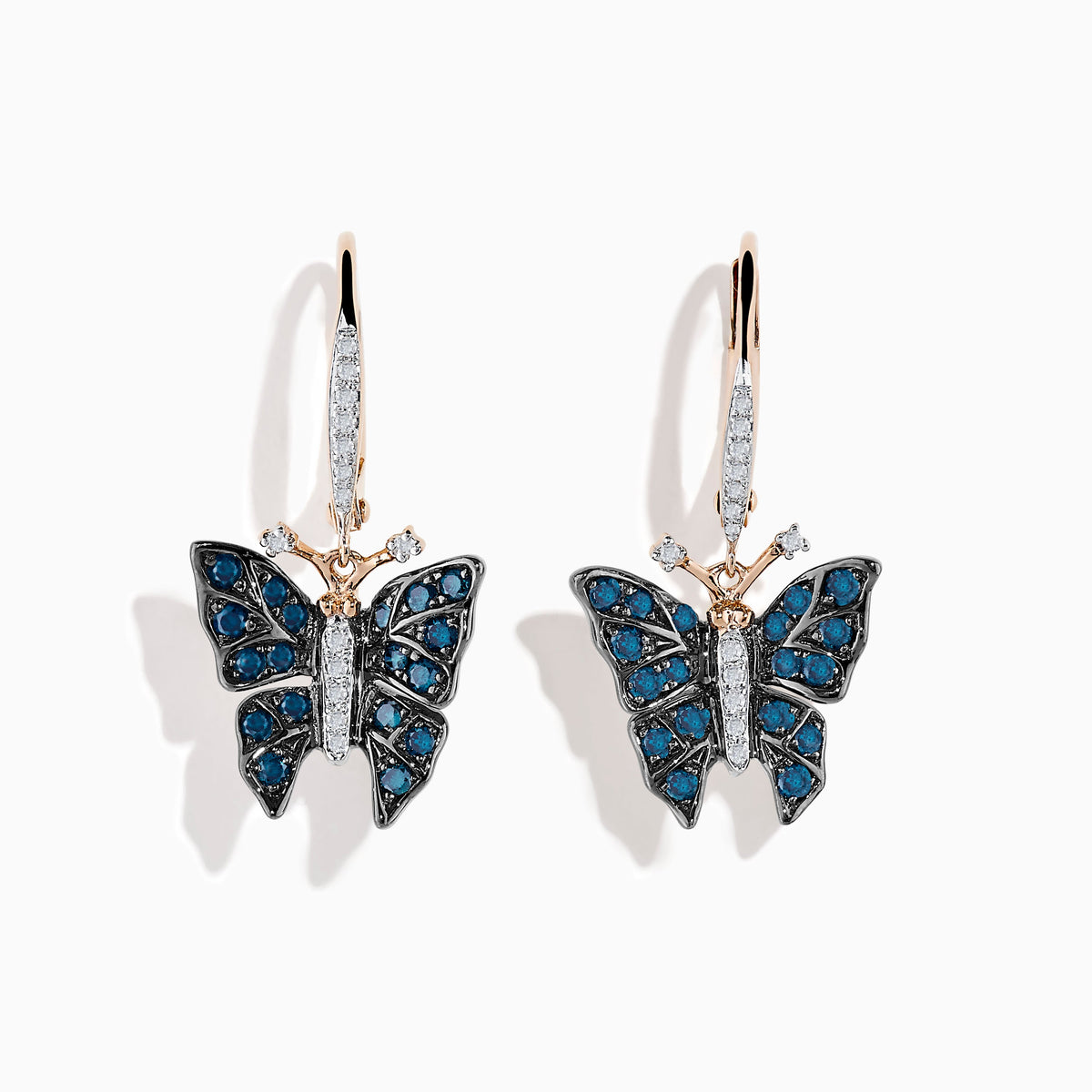 White and Blue Diamond Butterfly Earrings in 14K Rose Gold