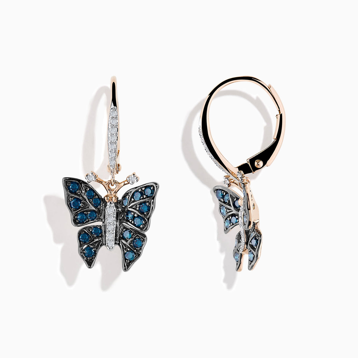 White and Blue Diamond Butterfly Earrings in 14K Rose Gold view 2