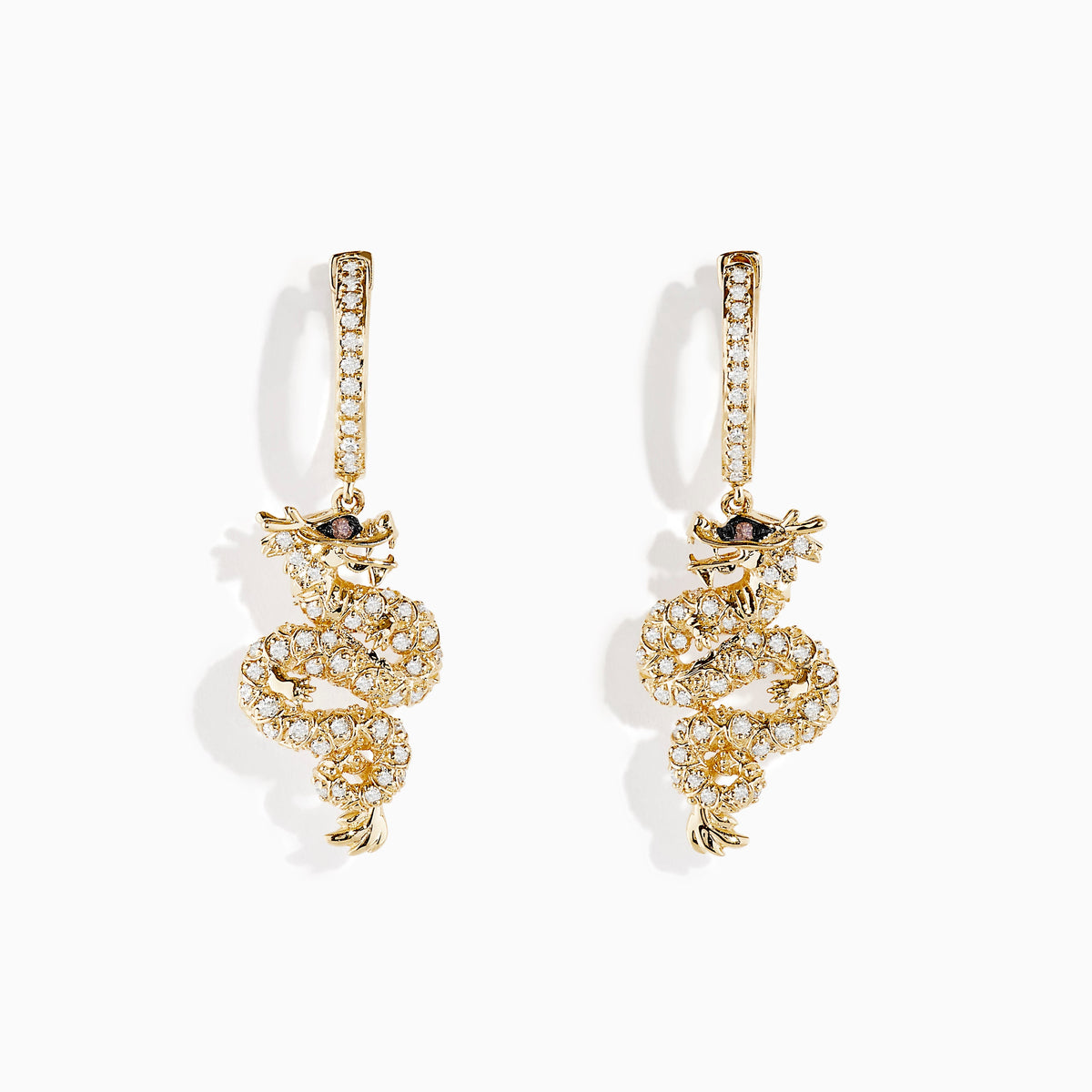 Espresso and White Diamond Dragon Earrings in 14K Yellow Gold