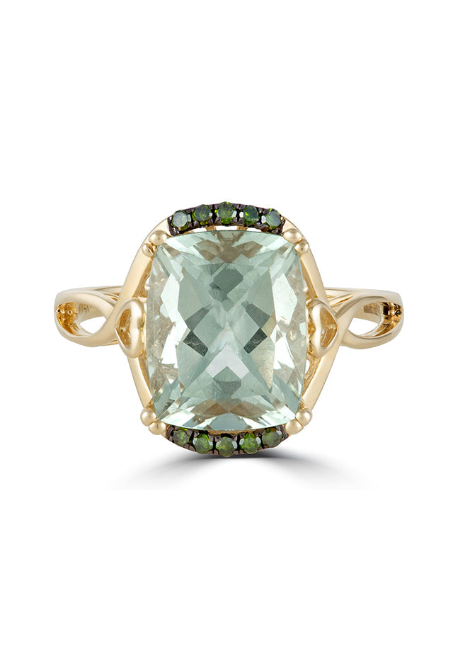 Green Amethyst and Diamond Ring in 14K Yellow Gold, 3.73 ctw