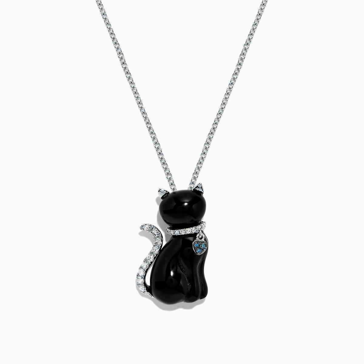 Onyx and Diamond Cat Pendant in 14K White Gold, 5.35 ctw