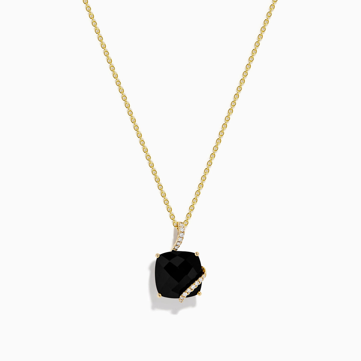 Onyx and Diamond Cushion-Cut Solitaire Pendant in 14K Yellow Gold