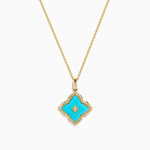 Turquoise and Diamond Quatrefoil Halo Pendant in 14K Yellow Gold