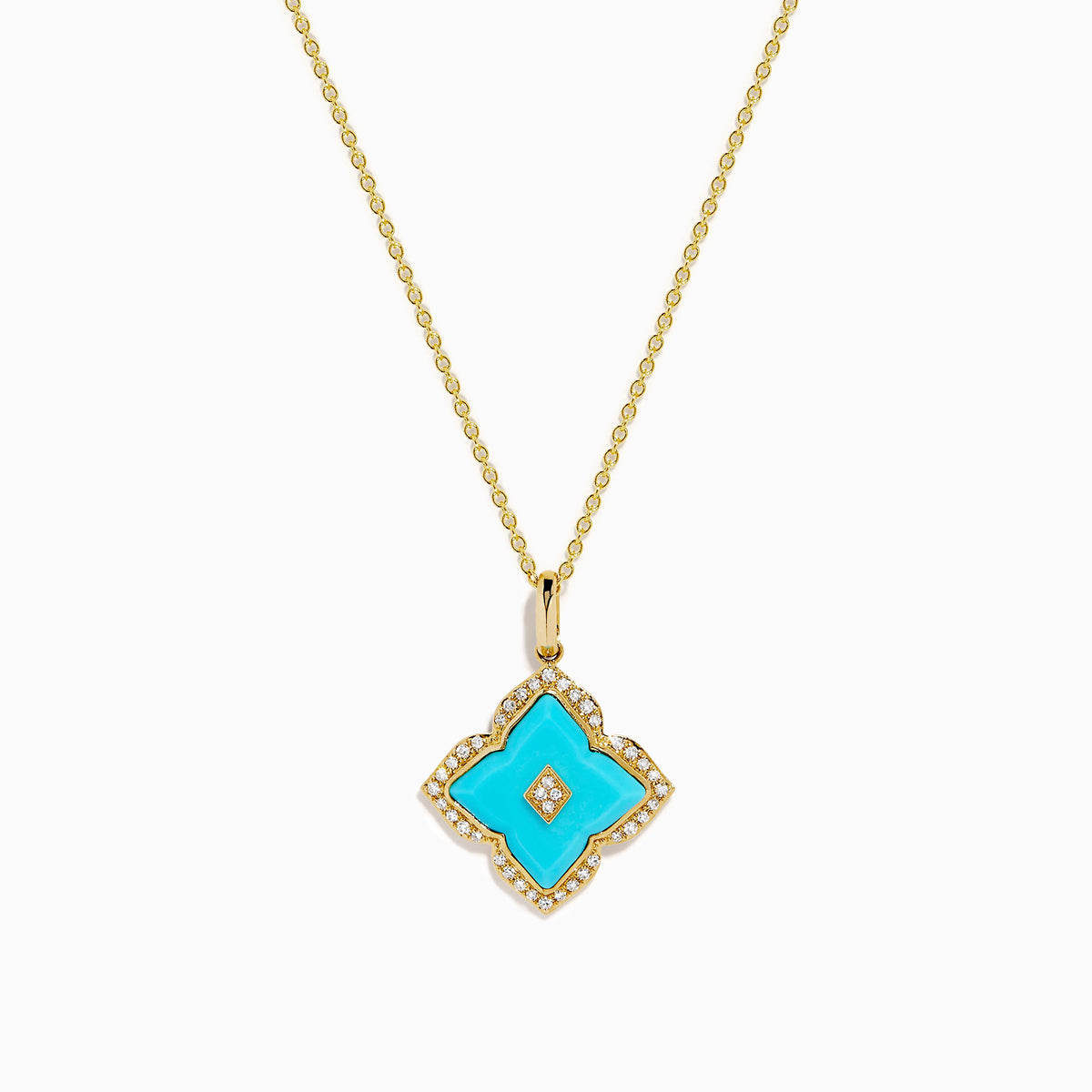 Turquoise and Diamond Quatrefoil Halo Pendant in 14K Yellow Gold