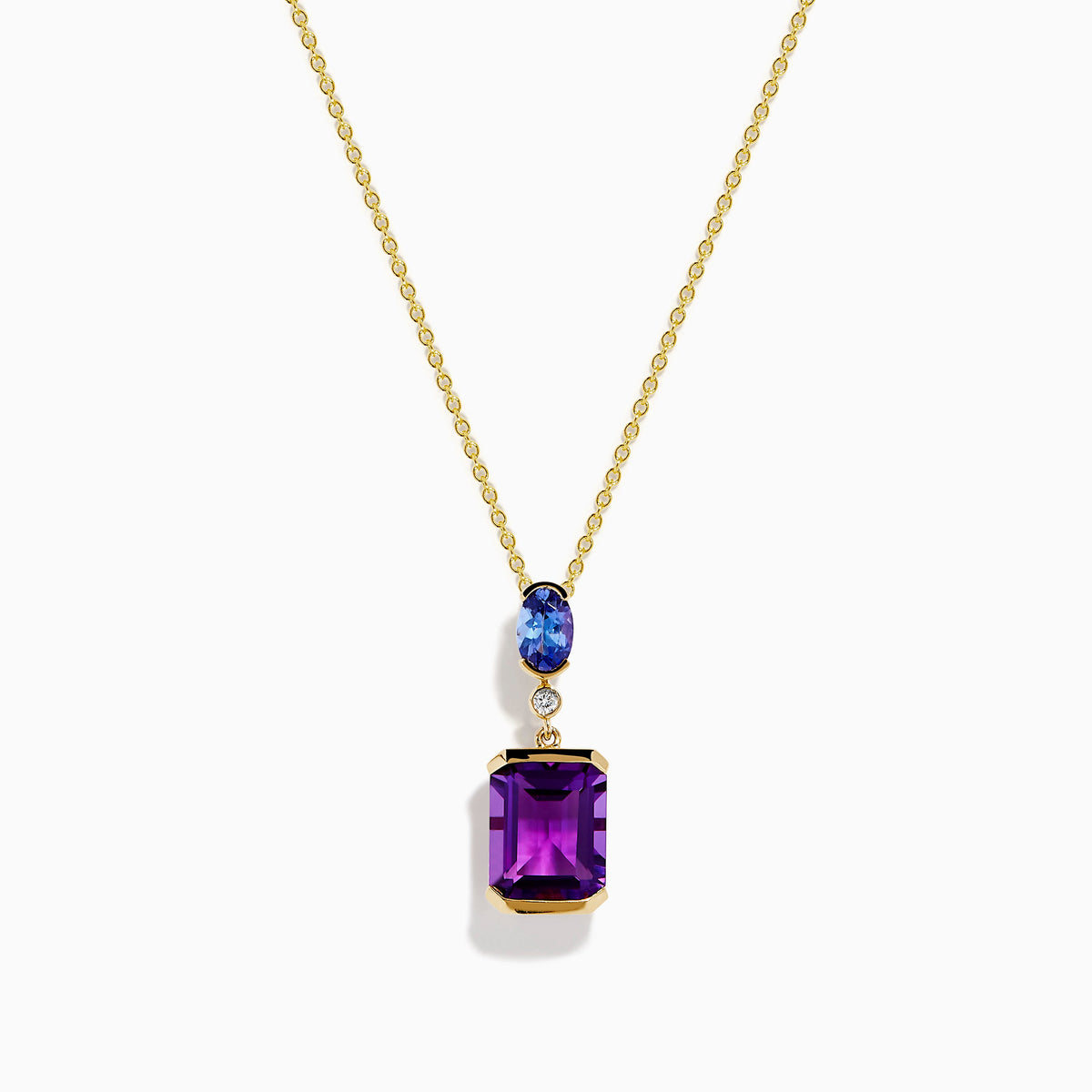 Amethyst, Tanzanite and Diamond Drop Pendant in 14K Yellow Gold