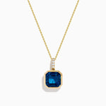 Blue Topaz and Diamond Bezel-Set Pendant in 14K Yellow Gold