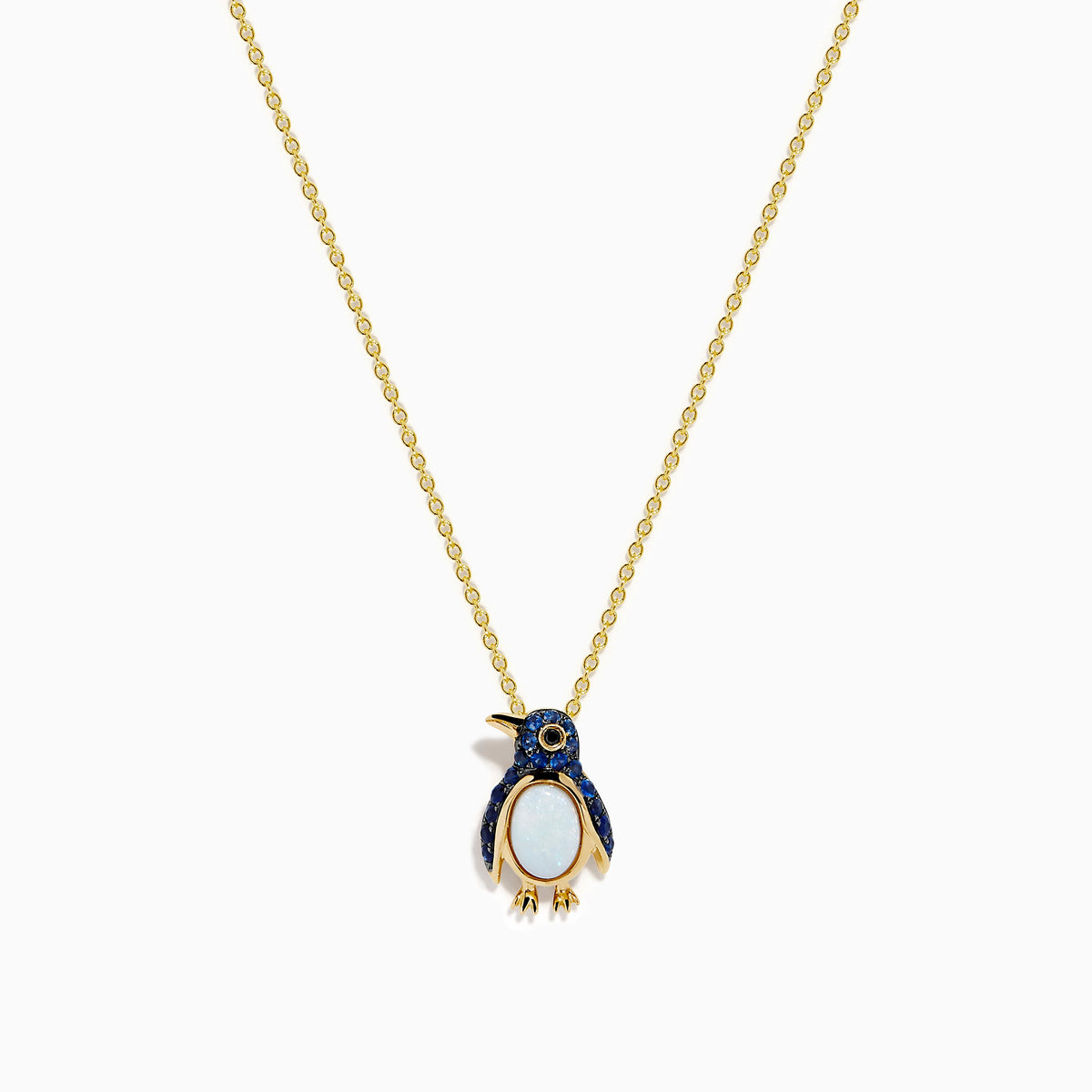 Opal, Blue Sapphire and Black Diamond Penguin Pendant in 14K Yellow Gold