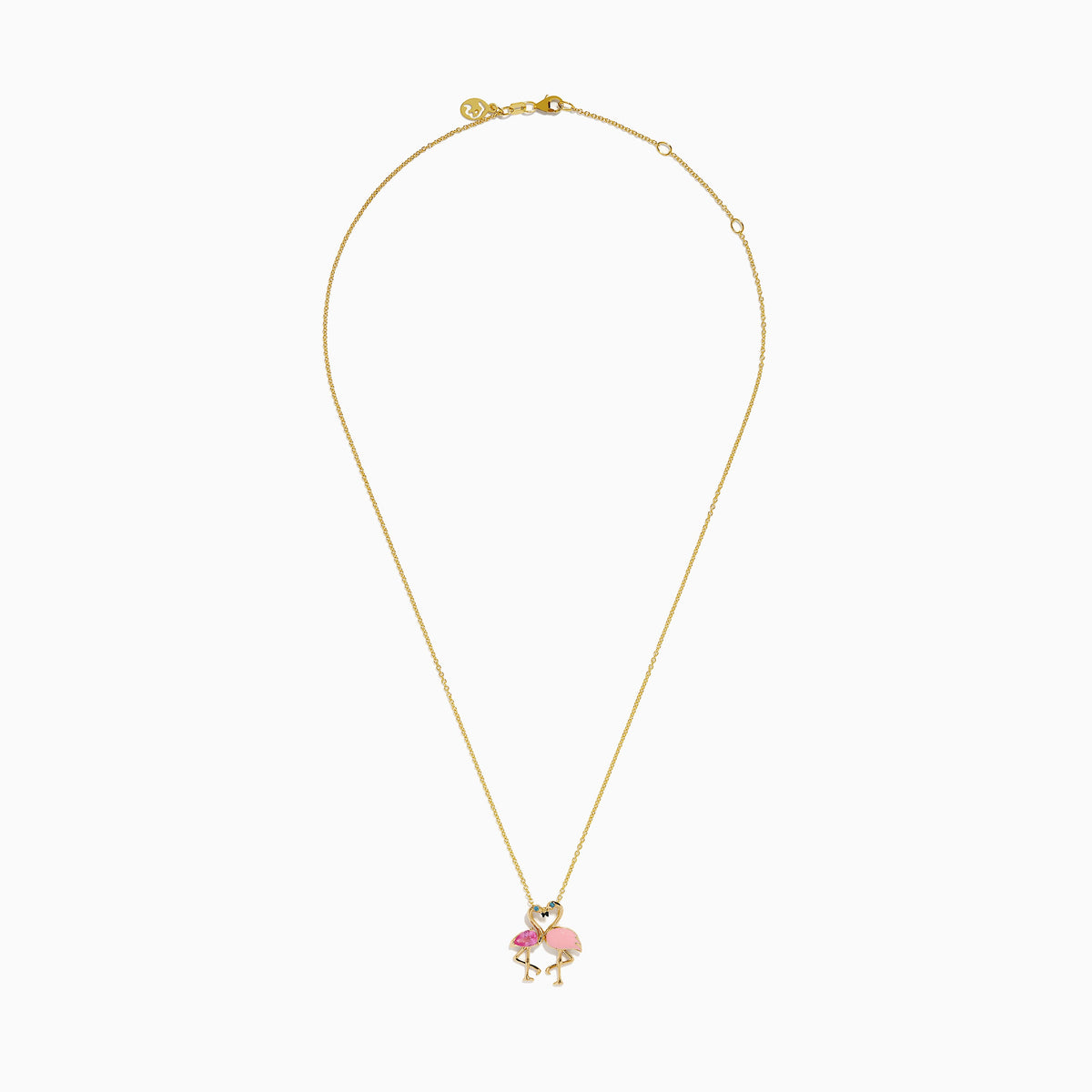 Pink Sapphire, Blue Diamond and Enamel Flamingos Pendant in 14K Yellow Gold view 3